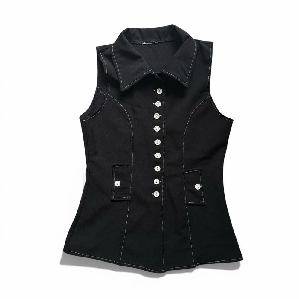 Vintage Black Utility Vest Button Front Fitted Cargo Style Size S